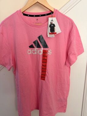 adidas Pink Short Sleeve Tee with Black Logo and White Script